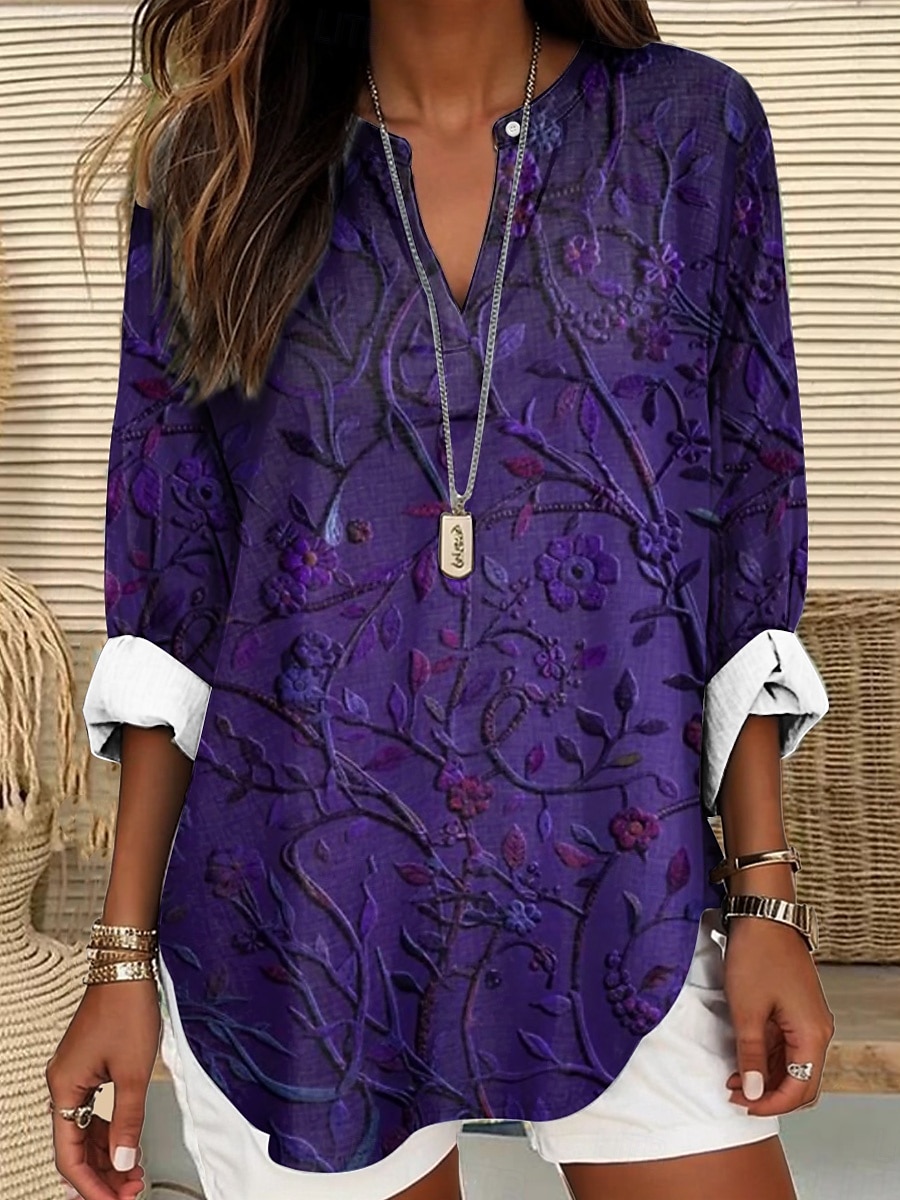 Damenbluse Langarm Tunika Oberteile Blumen Grafik Elegant Stilvoll V-Ausschnitt Regelmäßige Oberteile Täglicher Urlaub Print Rot Blau Lila Grün Grau Sommer Frühling Herbst 2025 - $24.99 –P1