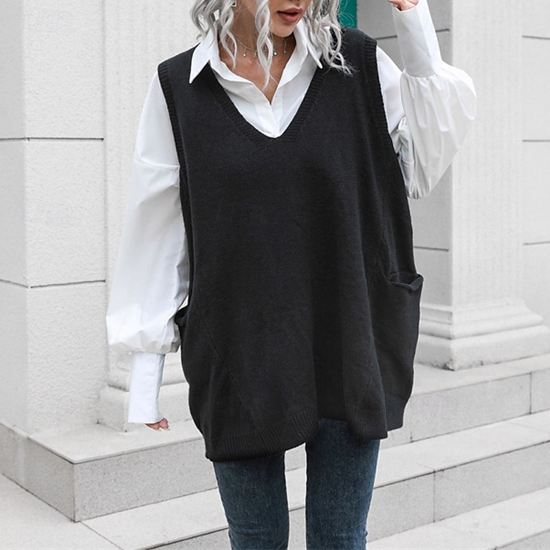 Femmes Pull Occasionnel Couleur Unie Épais Col en V Tricoté Sans manches Hauts Réguliers Tricoter Quotidien Fête Sortir Noir Automne Hiver de 2025 ? $23.99 –P3