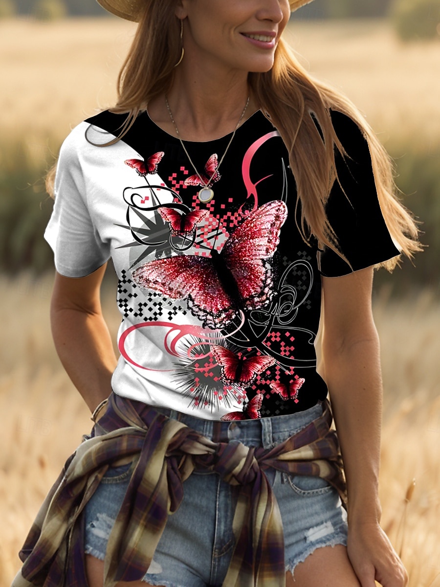 Femmes T-shirt Graphique Animal Géométrique ancien Mode Élégant Manche Courte Col ras du cou Col rond Hauts Réguliers Quotidien Week-end Imprimé Noir + Blanc + Gris Jaune Rouge Bleu Violet Ét de 2025 ? $19.99 –P4