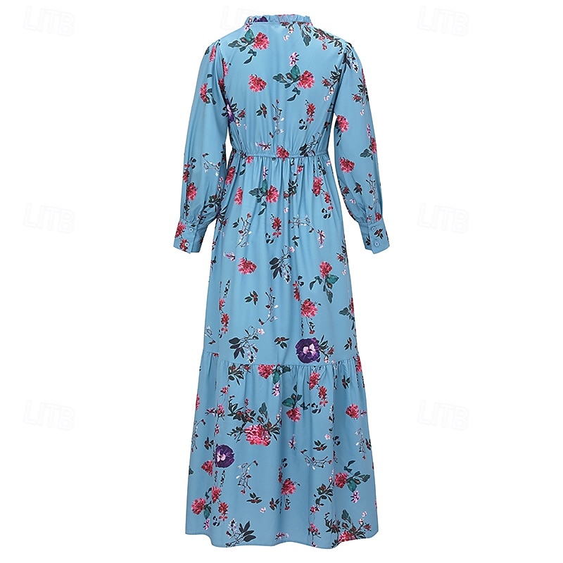 Dam Långklänning Maxiklänning Blommig klänning Boho-klänning Västerländsk klänning Elegant Mode Modern Utomhus Semester Dagligen Normal Blomma Långärmad V-hals Blå Sommar 2025 - $36.99 –P5