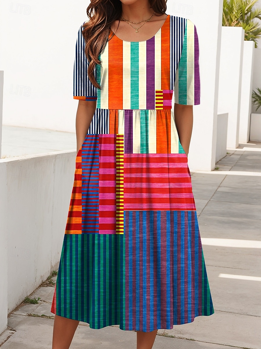 Pentru femei Rochii Midi Rochie de vară Rochie plisata Vacanță Casual Concediu Fit regulat Grafic Geometric Abstract Manșon Jumate Stil Nautic Negru Albastru piscină Portocaliu Trifoi Vară Primăvară 2025 - $31.99 –P1