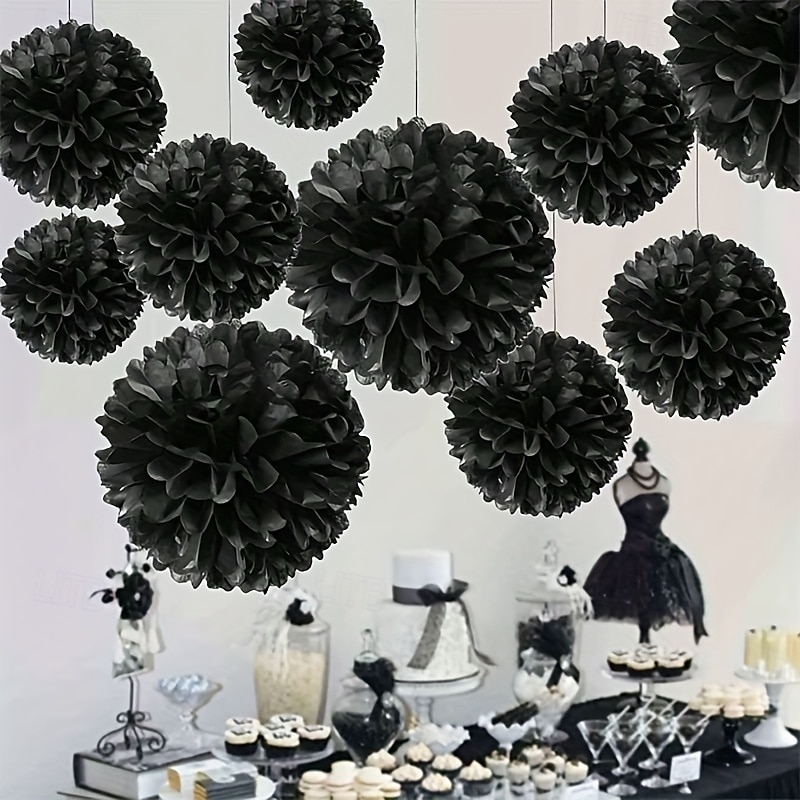 Juego de 9 bolas de flores de papel negras: decoración colgante DIY para cumpleaños y aniversarios. &bodas 2025 - $9.49 –P1