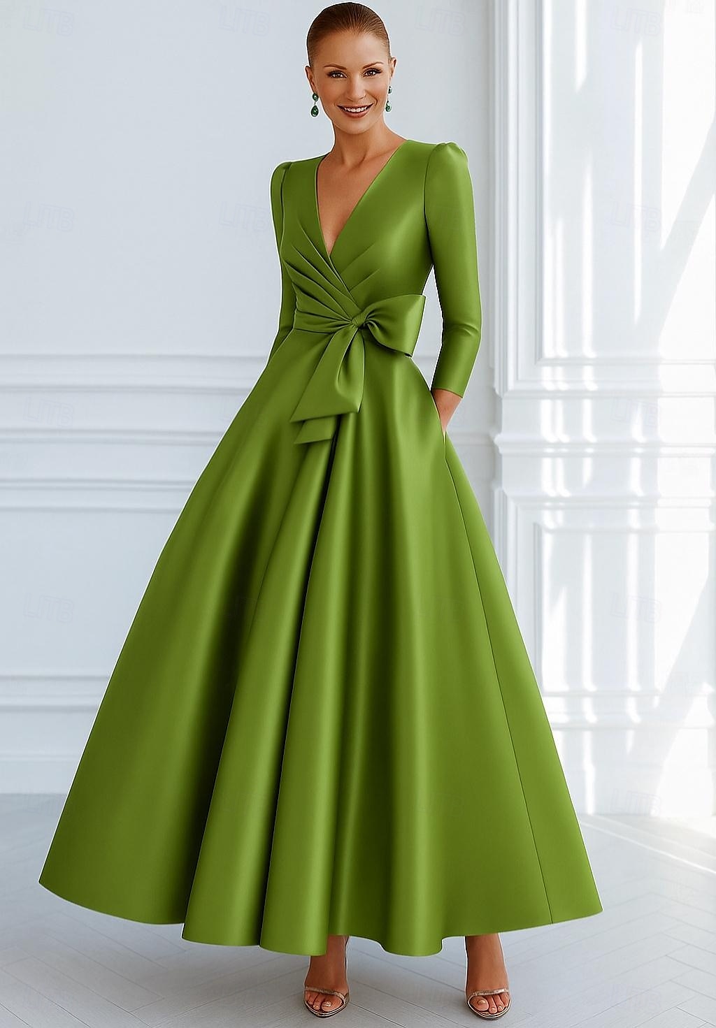 Bind A-Linien Abendkleid Elegantes Kleid Formelle Hochzeitsgast Boden Länge 3/4 Länge Ärmel V-Ausschnitt Tasche Stretch Satin mit Schleife(n) 2025 - $147.99 –P4