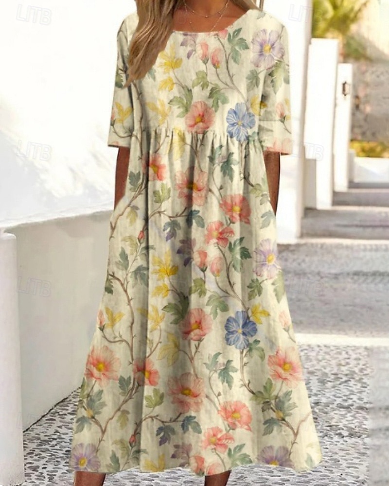 Per donna Abito Midi Vestito Casual Abito Floreale Classico Moderno All'aperto Quotidiano Ferie Vestibilità regolare Fiore Manica Corta Girocollo Giallo Blu Fucsia Albicocca Estate del 2025 a $22.99 –P1