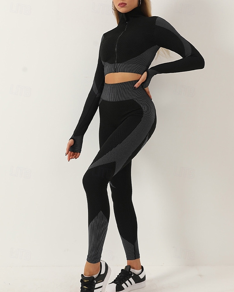 Mujer 2 Piezas Conjunto deportivo de yoga Conjuntos para estar en casa Otoño Retazos Bloque de color Trajes de Yoga Ejercito verde Negro Entrenamiento de gimnasio Alta cintura Secado rápido Eslático 2025 - $35.99 –P5