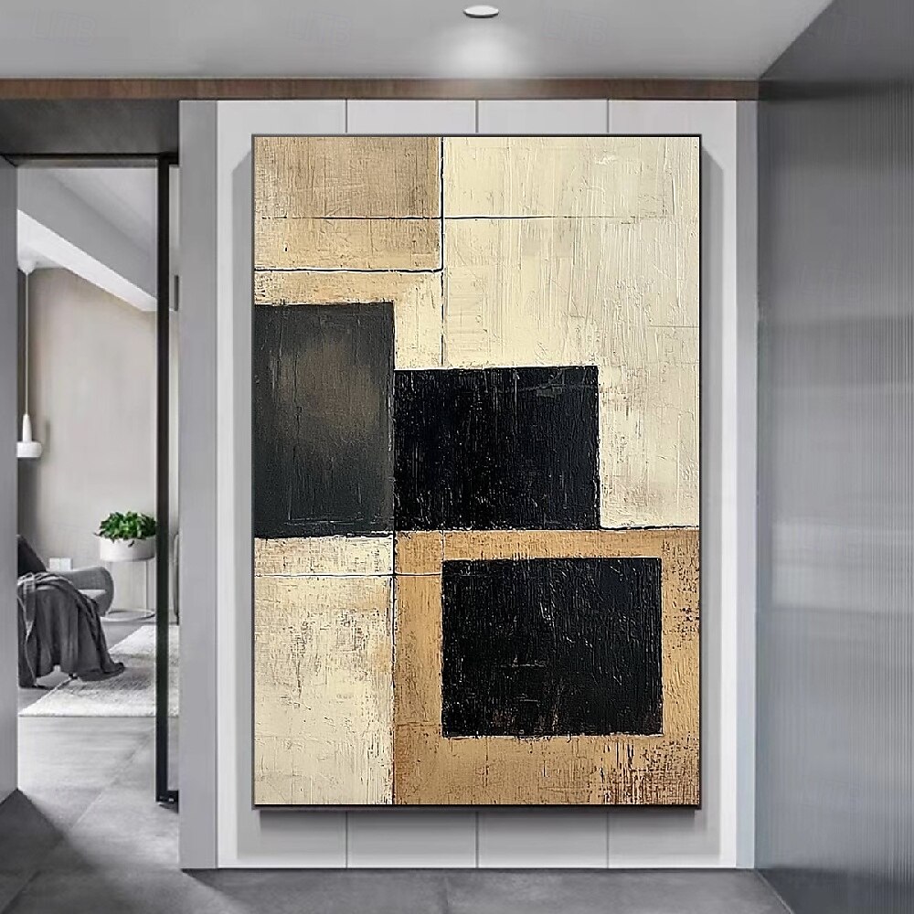 Handmade hand Painted Geometric Oil Painting Abstract Rectangles Modern Minimalist Art Textured Canvas Beige Taupe Charcoal Black Blocks Neutral Tones Contemporary Home Decor Wall Art Living Room 2025 - $100.99 –P3