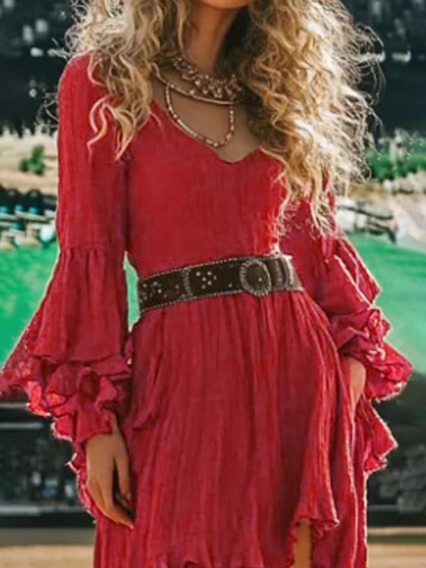 Damen Minikleid Boho-Kleid Westernkleid Mode Klassisch Modern Outdoor Ferien Ausgehen Normale Passform Einfach Langarm V Ausschnitt Rote Sommer 2025 - $31.99 –P2