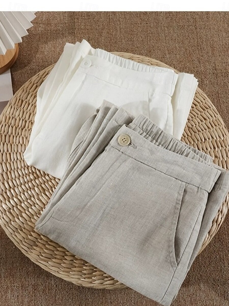 Dámské chino kalhoty s širokými nohavicemi z bavlny a lnu, etnický styl, základní, ležérní, plná délka, střední pas, bez kapes, pohodlné, outdoor, neelastické, ležérní, denní, černá, bílá, zelená, khaki, léto, jaro, regular fit 2025 - $29.99 –P4