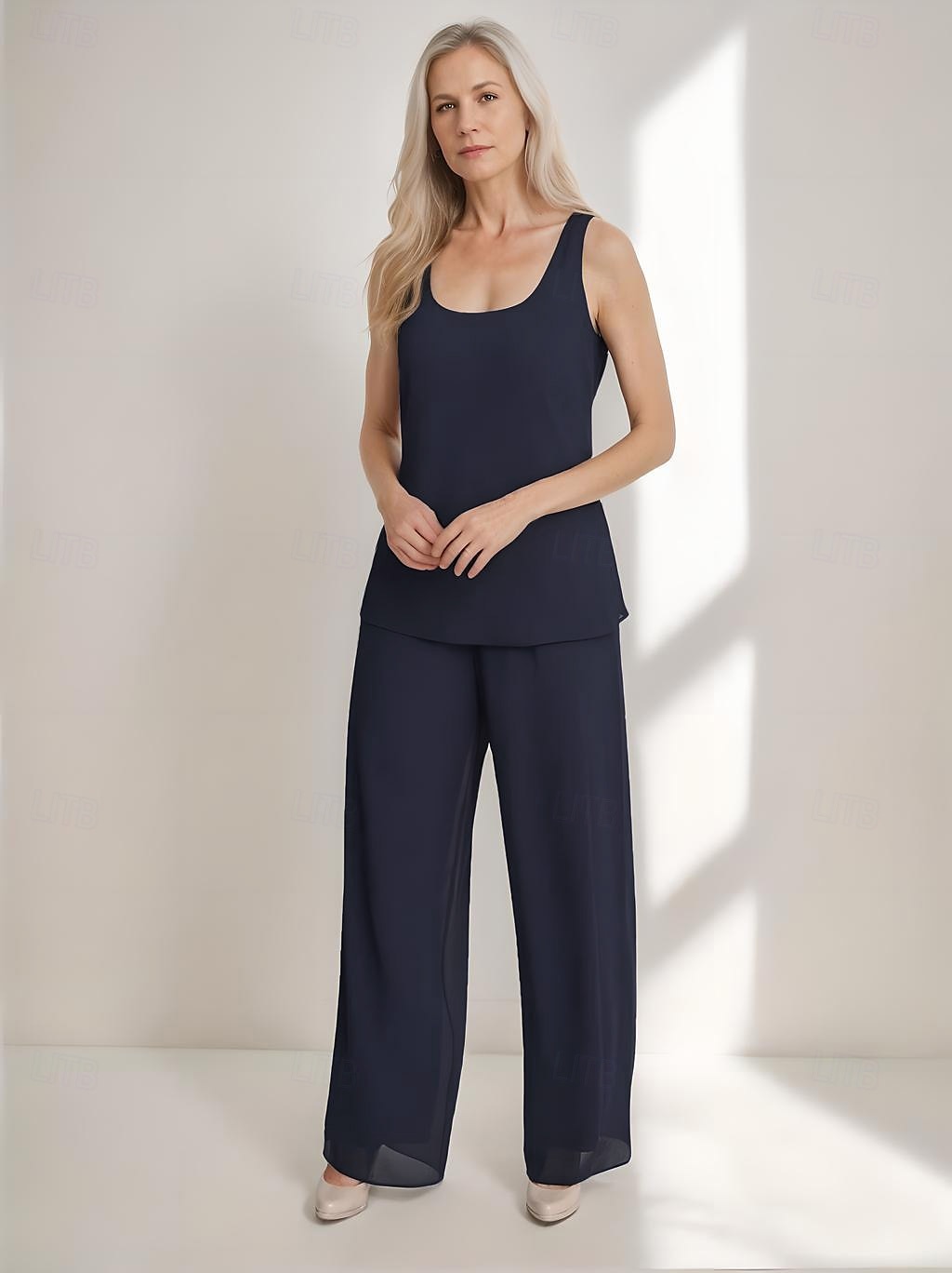 3 Piece Mother of the Bride Pantsuits Elegant Simple Luxurious Square Neck Floor Length Chiffon 3/4 Length Gathered Sleeve with Crystals Cascading Ruffles 2025 2025 - $135.99 –P3