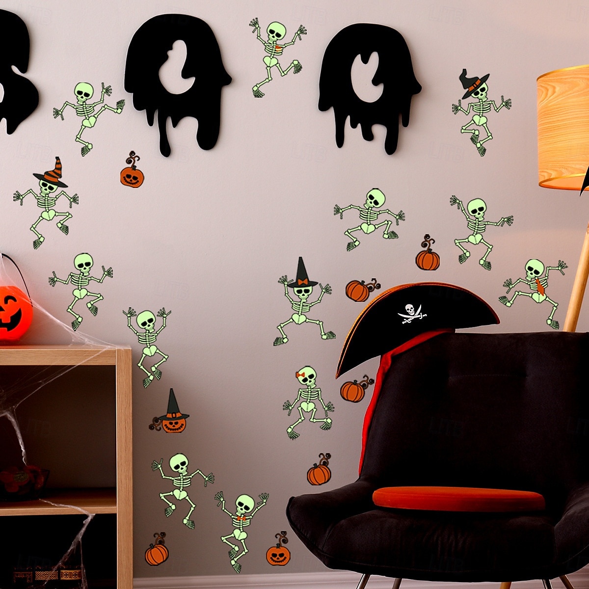 Halloween glow in the dark skelet muurstickers, zelfklevende lichtgevende stickers voor kamerdecoratie, verwijderbare enge Halloween decoraties 2025 - $10.99 –P3