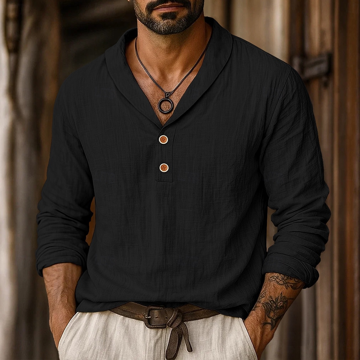 Homme Chemise Chemise en lin Chemise popover Chemise d'été Tenue de plage Couleur Unie Vacances Rue Noir Bleu Kaki manche longue Col Été Printemps Vêtement Tenue de 2026 ? $26.99 –P7