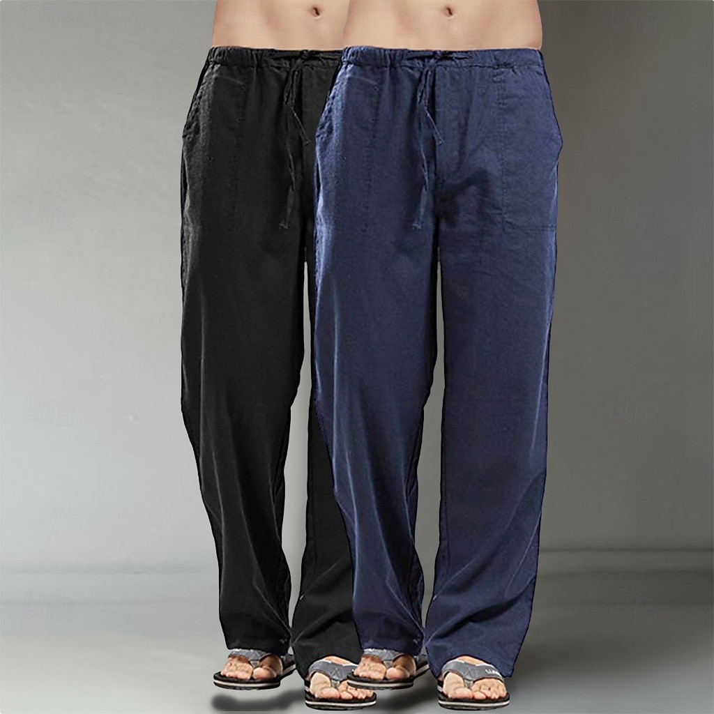 Homens Calças de linho Calças Calça verão Calças largas Calças de praia Bolsos Com Cordão Perna reta Tecido Conforto Respirável Comprimento total Diário Streetwear Moda Casual / esportivo Preto de 2025 por $27.99 –P9