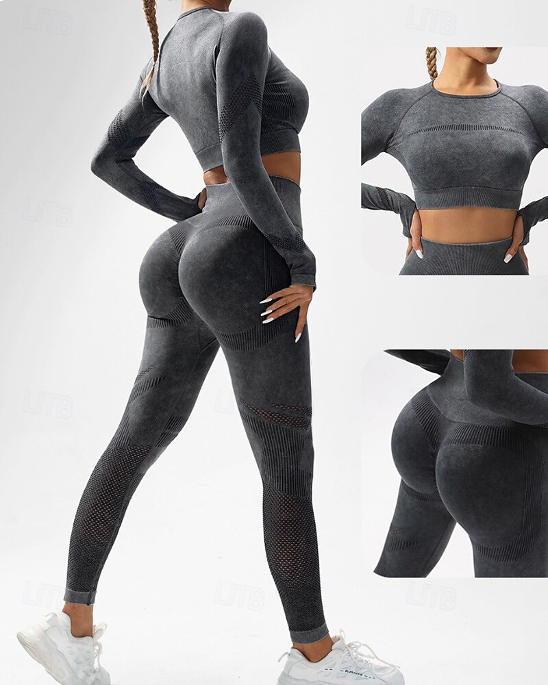 Damen 2 Stück Yoga-Trainingsanzug Lounge-Outfits  Herbst Einfarbig Kombination Armeegrün Schwarz Fitnesstraining Hohe Taille Elastisch Atmungsaktiv Langarm Sport Sportkleidung Schlank 2025 - $37.99 –P1