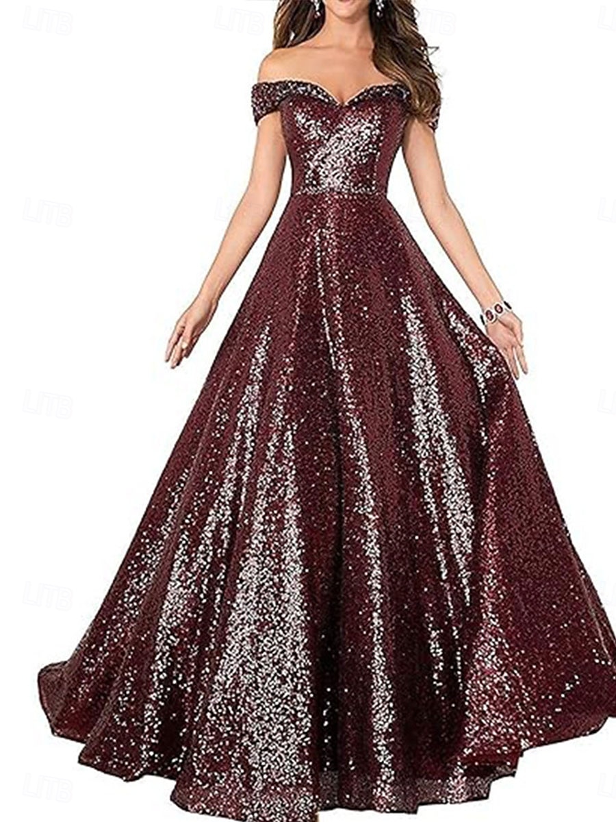 A-Line Evening Gown Elegant Dress Formal Performance Floor Length Short Sleeve Off Shoulder Sequined Backless with Pleats 2025 - $129.99 –P20