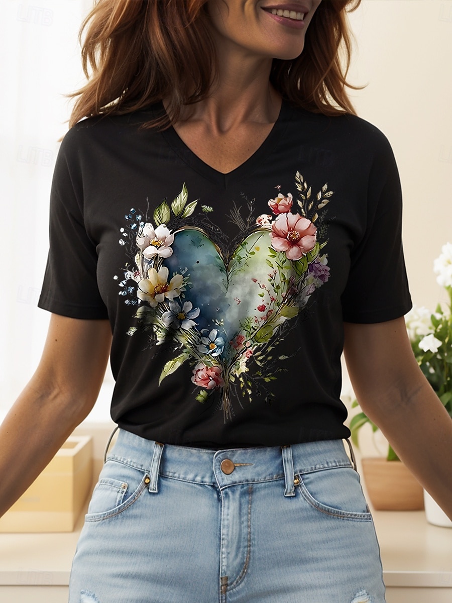 Femmes T-shirt Cœur Fleuri Graphique ancien Mode Hawaïen Manche Courte Col en V Hauts Réguliers Quotidien Sortir Week-end Imprimé Noir Blanche Jaune Rose Claire Bleu Été Printemps de 2025 ? $19.99 –P6