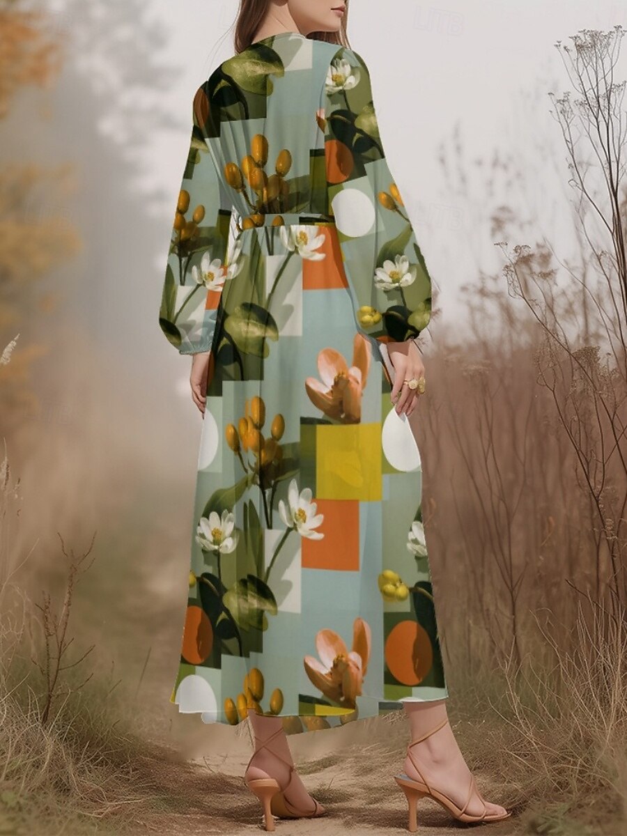 Damen Midikleid Freizeitkleid Chiffon Schwingkleid Modern Urlaub Täglich Wochenende Normale Passform Blumen Karomuster Langarm V Ausschnitt Dunkelgrün Purpur Grün Sommer Frühling Herbst 2025 - $31.99 –P8