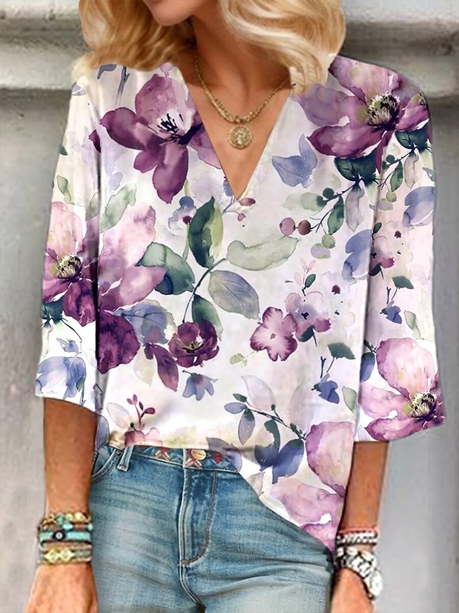 Damenbluse Button-Down Floral Grafik Elegant Stylisch Basic 3/4-Langarm V-Ausschnitt Reguläre Oberteile Täglich Urlaub Ausgehen Druck Weinrot Lila Grün Sommer Frühling 2025 - $25.99 –P1