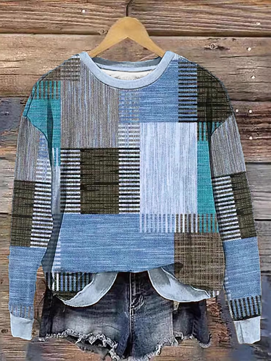 Mulheres Moletom Moletons Gráfico Geométrica Xadrez Moda Casual Manga Longa Gola Redonda Tops regulares Rua Dia a Dia Imprimir Azul Roxo Verde cáqui Primavera Outono Inverno de 2025 por $27.99 –P2