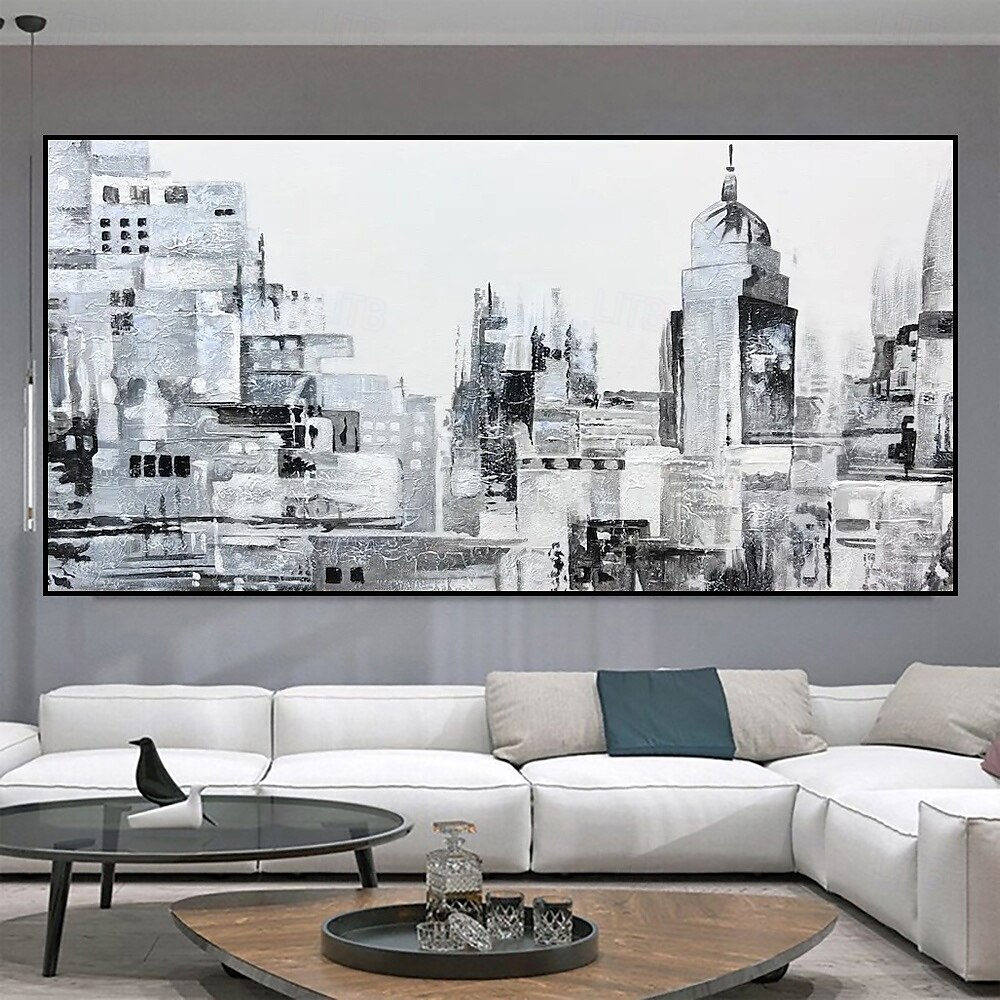 Peinture à l'huile faite à la main sur toile, décoration murale moderne abstraite, paysage architectural noir et blanc pour salon, décoration d'intérieur, peinture roulée sans cadre, non tendue de 2025 ? $69.99 –P1