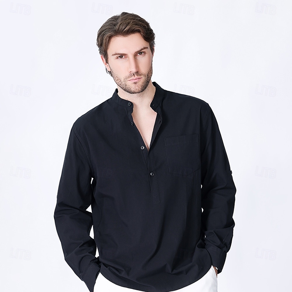 Voor heren Overhemd Zwart Wit Geel Rood Donker Marine Lange mouw Effen opa kraag School Formeel Kleding minimalistische 2025 - $23.99 –P8