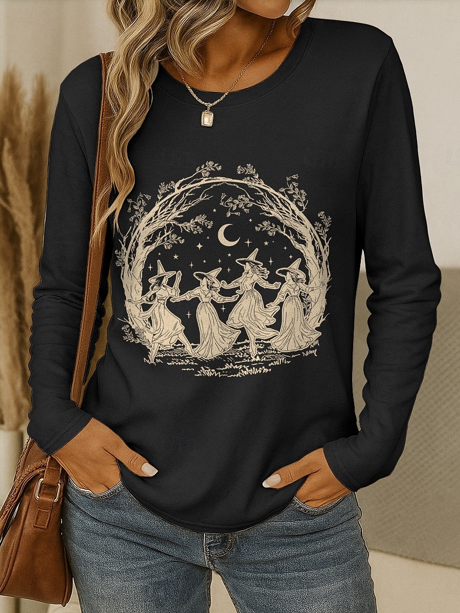 Halloween Femmes T-shirt Graphique Sorcière ancien Élégant Classique manche longue Col ras du cou Col rond Hauts Réguliers Quotidien Week-end Imprimé Noir Vin Bleu Violet Vert Printemps Automne de 2025 ? $22.99 –P1