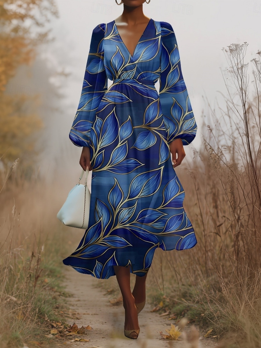 Pentru femei Rochii Midi Rochie casual Șifon Rochie leagăn Modern Vacanță Zilnic Sfârșit de săptămână Fit regulat Floral Frunză Manșon Lung În V Bleumarin Verde Închis Trifoi Albastru Închis Var 2025 - $31.99 –P7