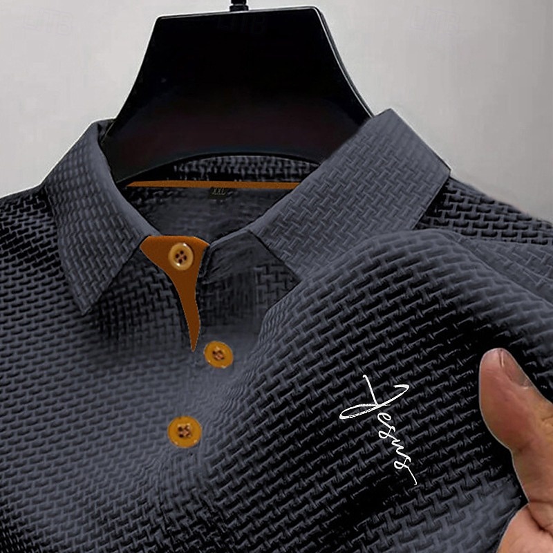 2025年 男性用 ゴルフシャツ ゴルフポロシャツ ワーク カジュアル ラペル 半袖 ベーシック 近代の 十字架 ボタン ジャカード 夏 春 レギュラー ブラック ホワイト ネイビーブルー ブルー ダックグレー ライトブルー ゴルフシャツ  コレクション – $20.99 –P6
