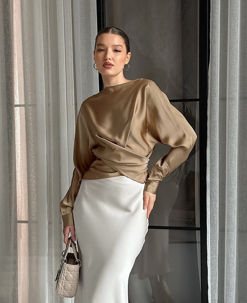 Women's Satin Shirt Dress Shirt Blouse Ruched Lace up Solid Color Elegant Vintage Stylish Long Sleeve Off Shoulder Crop Tops Daily Work Holiday khaki Spring Fall 2026 - $43.99 –P2