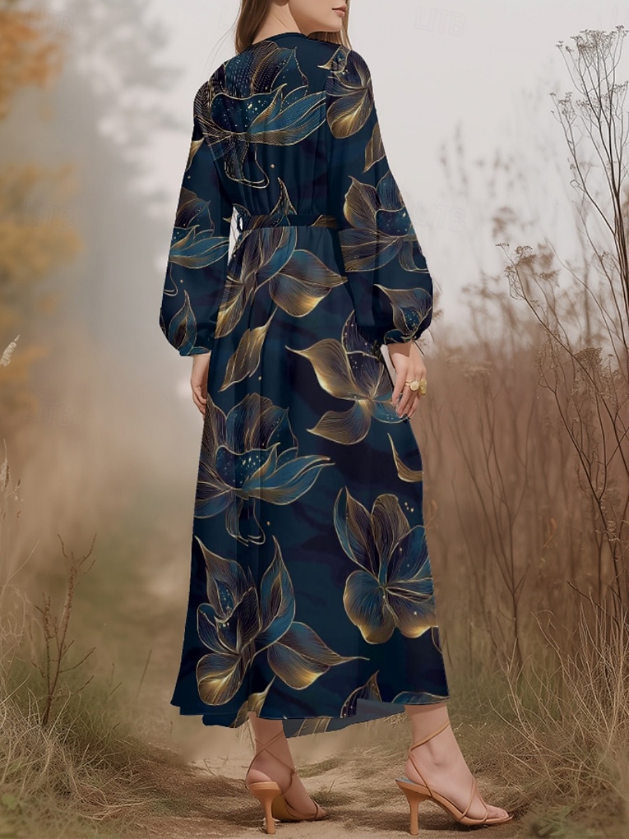 Pentru femei Rochii Midi Rochie casual Șifon Rochie leagăn Modern Vacanță Zilnic Sfârșit de săptămână Fit regulat Floral Frunză Manșon Lung În V Bleumarin Verde Închis Trifoi Albastru Închis Var 2025 - $31.99 –P6