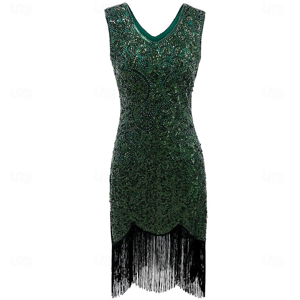 Retro vintage Roaring jaren '20 Jaren 1920 Boven de knie Tot de knie Flapper jurk Cocktailjurk Mouwloos The Great Gatsby Flapper Girl Pailletten Zoom V-hals Kostuum Dames Kerstmis Carnaval Bruiloft 2025 - $41.99 –P8