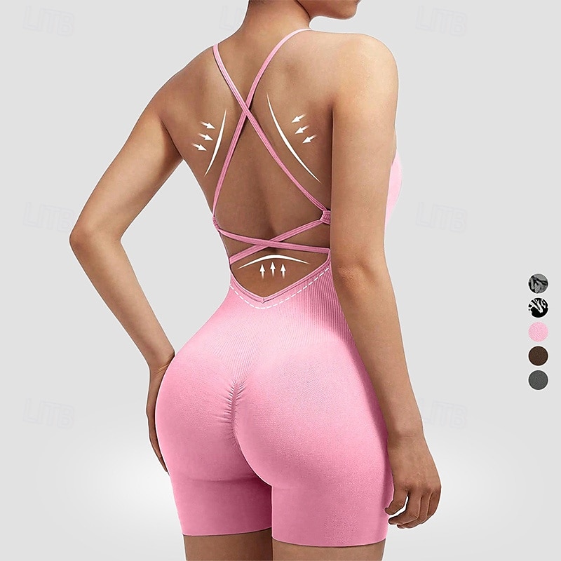 Women's Scrunch Yoga Romper Workout Jumpsuits Backless Solid Color Bodysuit Summer Dark Grey Black Gym Workout Volleyball Running High Waist Tummy Control Stretchy Breathable Sport Activewear Tight 2026 - $22.99 –P8