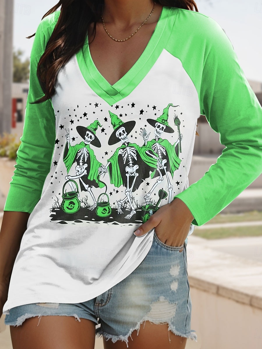 Halloween Femmes T-shirt Graphique Crâne ancien Élégant Classique manche longue Col en V Hauts Réguliers Quotidien Imprimé Rose Claire Bleu Violet Orange Vert Printemps Automne de 2025 ? $22.99 –P4