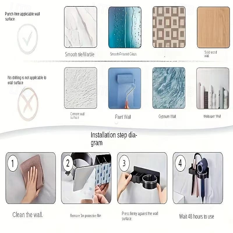 Wandmontierter Organizer für Haarwerkzeuge, Badezimmer-Aufbewahrungshalter ohne Bohren für Haartrockner und Glätteisen &Lockenstab, leichter 300 g Haar-Accessoire-Ständer mit Handtuchhaken, passt zu 2026 - $23.99 –P2