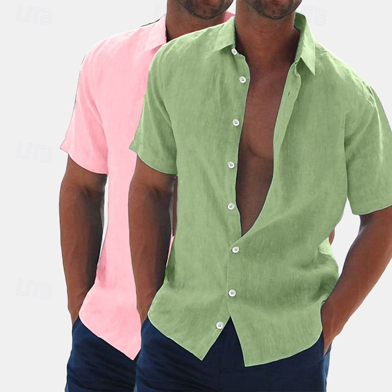 Herren Leinenhemd Sommerhemd Strandbekleidung Knopfhemd Hemden zum Herausstecken Einfarbig Urlaub Kreuzfahrt Grün + grau Weiß + Khaki Khaki + Schwarz Grün+Khaki Kurzarm Umlegekragen Sommer Bekleidung 2025 - $27.99 –P3