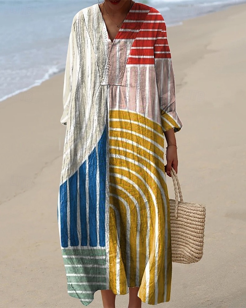 Women's Midi Dress Casual Dress Print Dress Fashion Modern Daily Beach Weekend Regular Fit Striped Long Sleeve V Neck Black Yellow Pink Green Spring Fall 2025 - $26.99 –P3