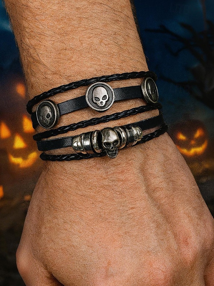 Sett med armbånd i skinn med hodeskalle-anheng for menn – justerbart punk-armbånd i ekte skinn til halloween-fest, cosplay og rockekonserter 2025 - $11.99 –P2