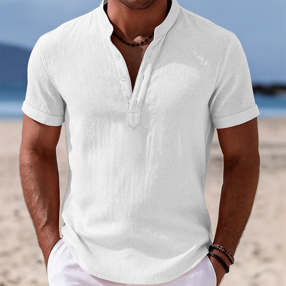 Herren Hemd Leinenhemd Stehkragenhemd Popover-Hemd Sommerhemd Strandbekleidung Einfach Urlaub Lässig Schwarz Weiß Gelb Rosa Kurzarm Stehkragen Sommer Bekleidung 2025 - $20.99 –P5