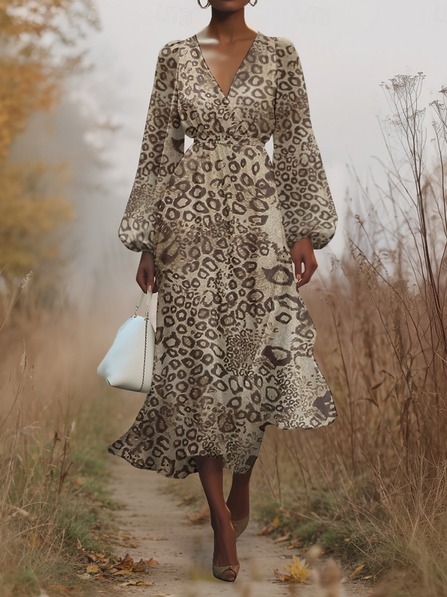 Women's Midi Dress Casual Dress Chiffon Swing Dress Modern Vacation Daily Weekend Regular Fit Leopard Long Sleeve V Neck Blue Brown Green Summer Spring Fall Autumn 2025 - $31.99 –P7