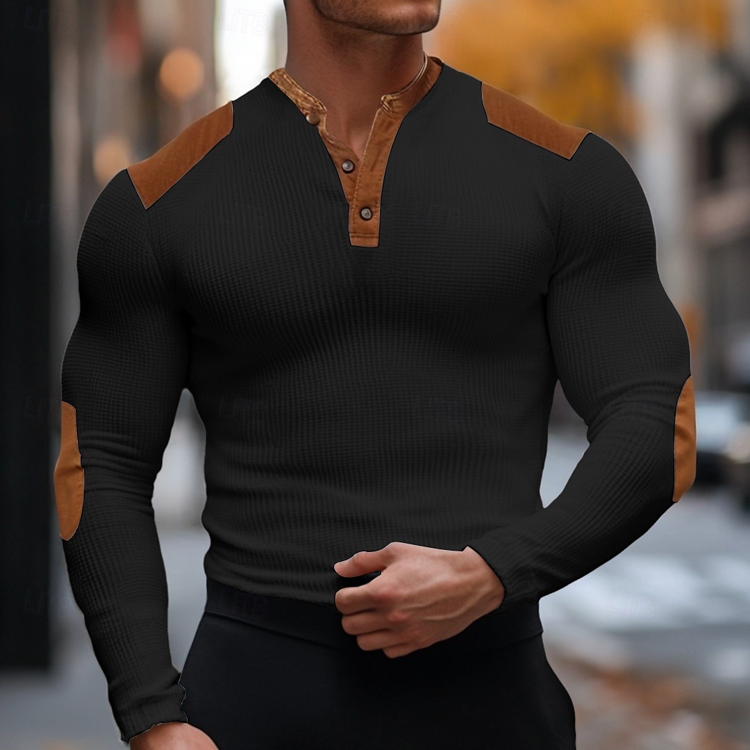 Herren Waffel-T-Shirt Langarm V Ausschnitt Sommer Frühling Herbst Einfach Basic Modern Lässig Patchwork Knöpfe Basic Heim Straße Lässig Schwarz Weiß Marineblau Top T-Shirt für Herren 2025 - $19.99 –P4