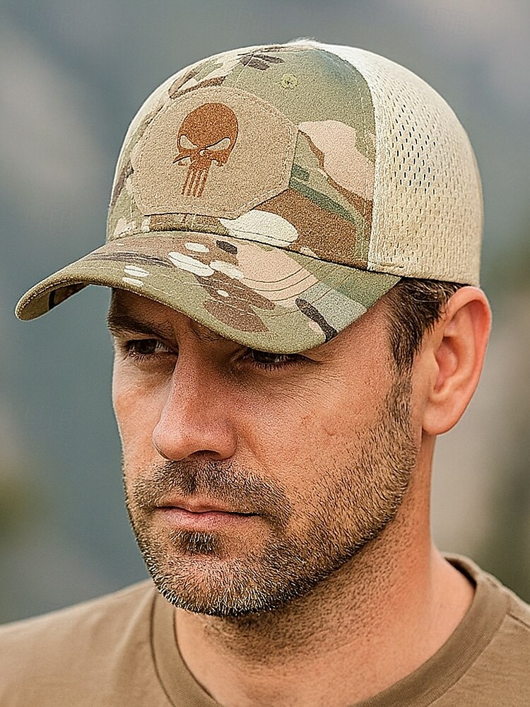 Taktische Baseballkappe mit Totenkopf-Stickerei für Herren – verstellbare Netzrückseite, Camouflage-Stil, lässige Outdoor-Sportmütze für Halloween-Partys und den Alltag 2025 - $11.99 –P2