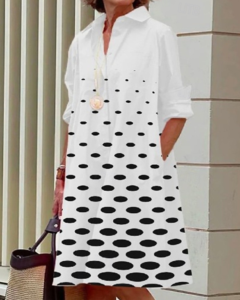 Pentru femei Rochii Midi Rochii Tip Cămașă Rochie casual Modă Modern Zilnic Plajă Sfârșit de săptămână Fit regulat Punct Manșon Lung Guler Cămașă Negru Alb Roșu-aprins Primăvară Toamnă 2025 - $24.99 –P2