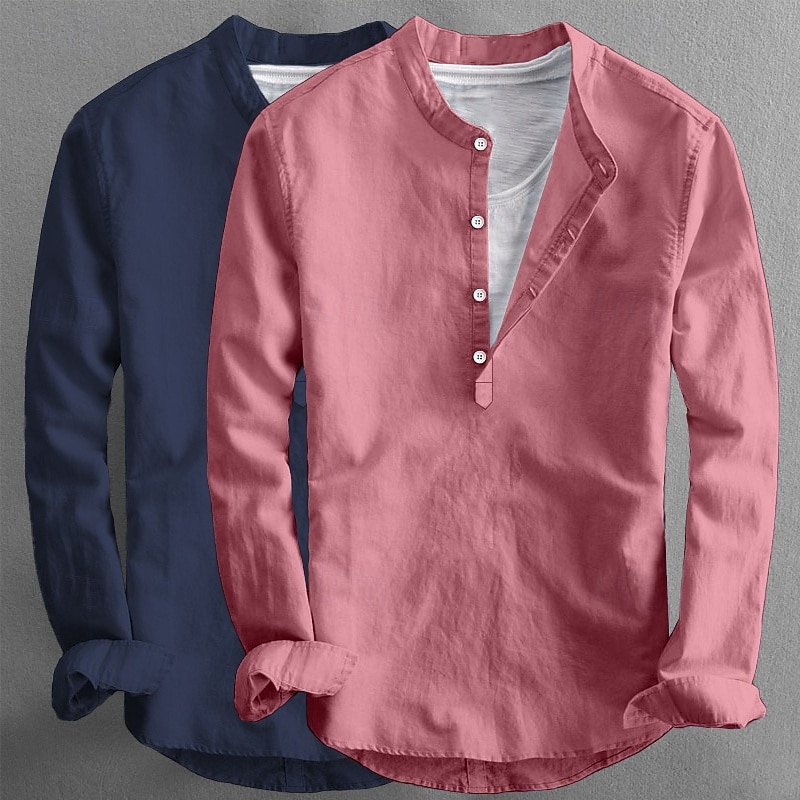 Homens Camisa de linho Camisa de colarinho de banda Camisa Popover camisa de verão Roupa de Praia Camisa casual Tecido Férias Casual Laranja + azul Rosa + Azul Marinho Branco + preto Rosa + azul de 2025 por $27.99 –P5
