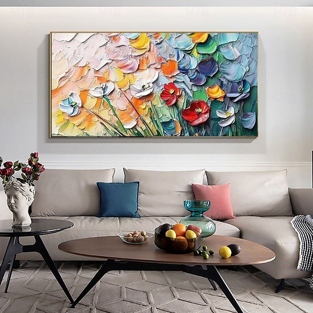 großes 3D-Blumenölgemälde, handgefertigt, strukturiertes Landschaftsölgemälde, lebendiges mehrfarbiges Blumengemälde, Blumenstrauß, modernes Kunstwerk, Bild für die Wohnzimmerdekoration, modernes 2025 - $125.99 –P1