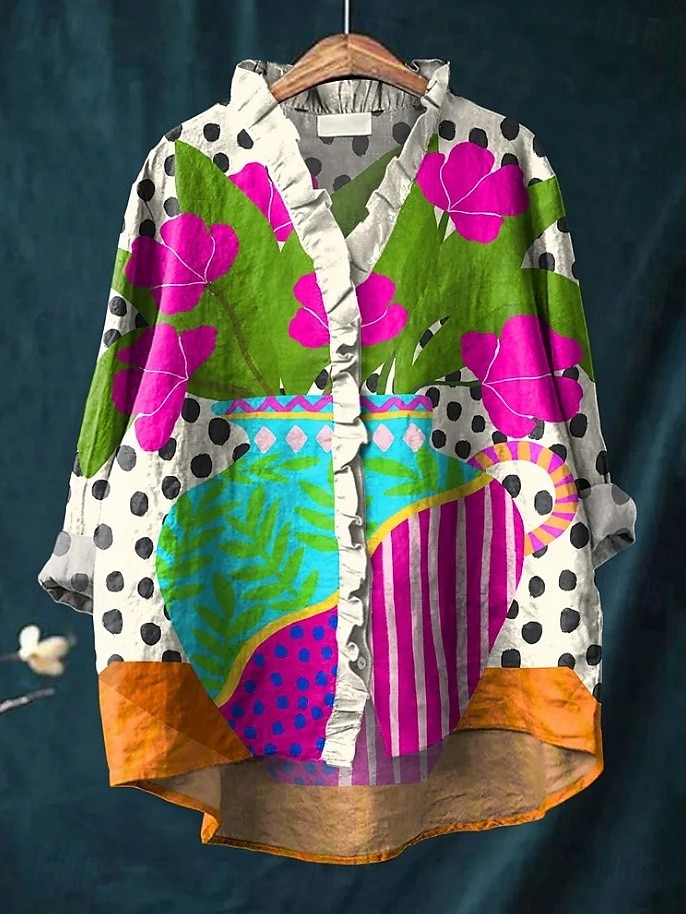 Per donna Camicia Boho Volant Floreale Elegante Bohemien Attivo Quotidiano Ferie Uscire Blu Giallo Rosso Fucsia Arancione Estate Primavera del 2026 a $29.99 –P1