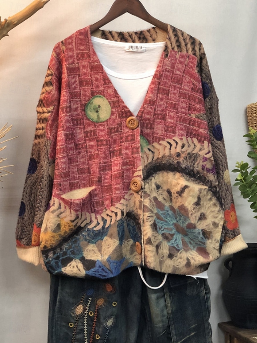 Damen Pullover Strickjacke Elegant Mode Streetwear Blumen Grafik Gerippt V Ausschnitt Tasche Gestrickt Druck Langarm Normale Oberteile Stricken Outdoor Täglich Wochenende Rote Blau Herbst Winter 2025 - $44.99 –P3