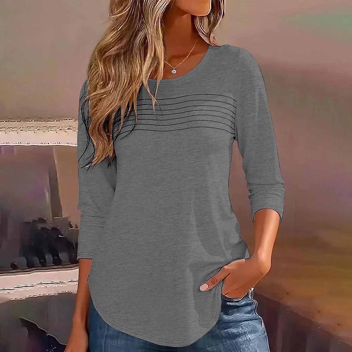 Women's Tunic Solid Color Elegant Vintage Stylish Long Sleeve Crew Neck Regular Tops Daily White Pink Blue Green Gray Spring Fall 2025 - $27.99 –P5
