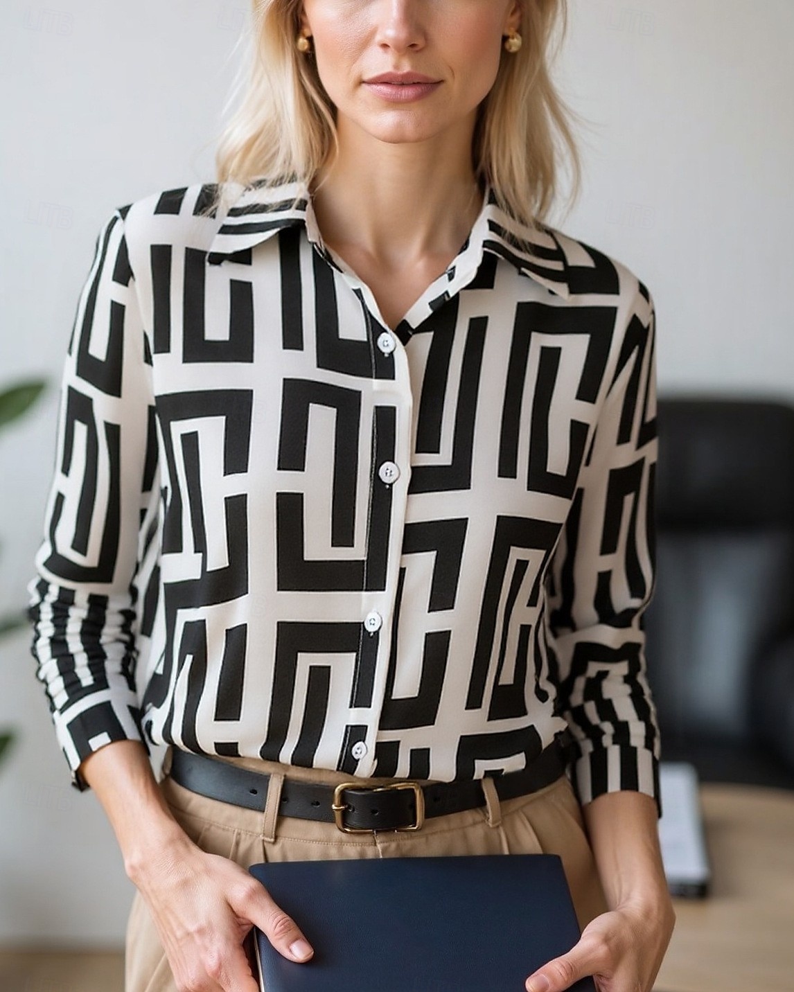 Femmes Chemisier Hauts Élégants Hauts en mousseline de soie Géométrique Bloc de Couleur Élégant Quotidien Travail manche longue Col de chemise Hauts Réguliers Travail Quotidien Boutons Imprimé Noir de 2025 ? $24.99 –P4