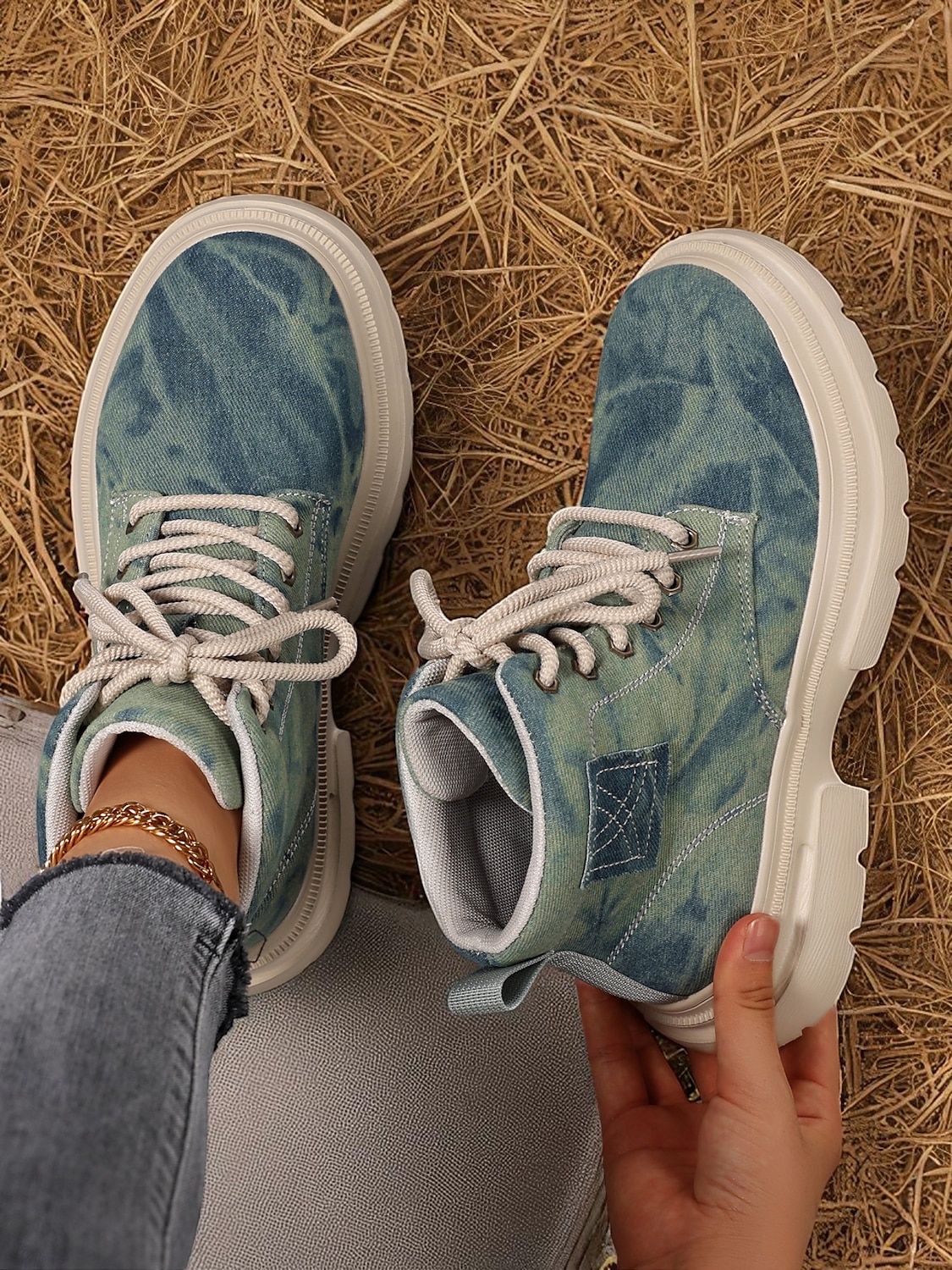 Women's Tie-Dye Canvas Work Boots with Chunky Sole – Casual Lace-Up Outdoor Boots for Harvest Festival, Farm Work and Fall Outings 2025 - $42.99 –P2
