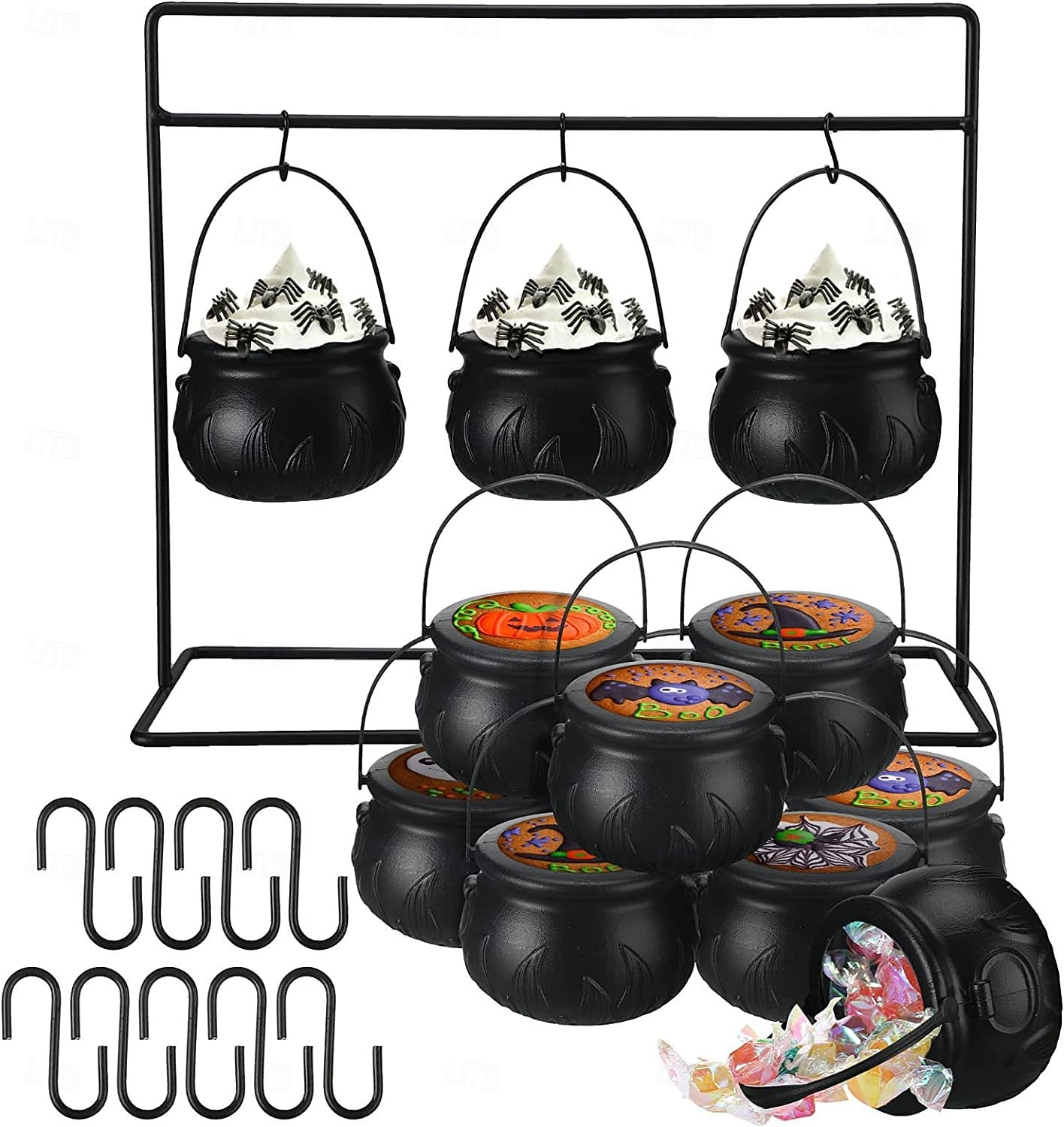 Halloween Cauldrons Serving Bowl Decor, Set of 3/6/9 Hanging Black Plastic Cauldron Bowls with Iron Rack, Large and Mini Cauldrons Candy Bucket Punch Bowls for Table Witch Hocus Pocus Party 2026 - $19.99 –P6
