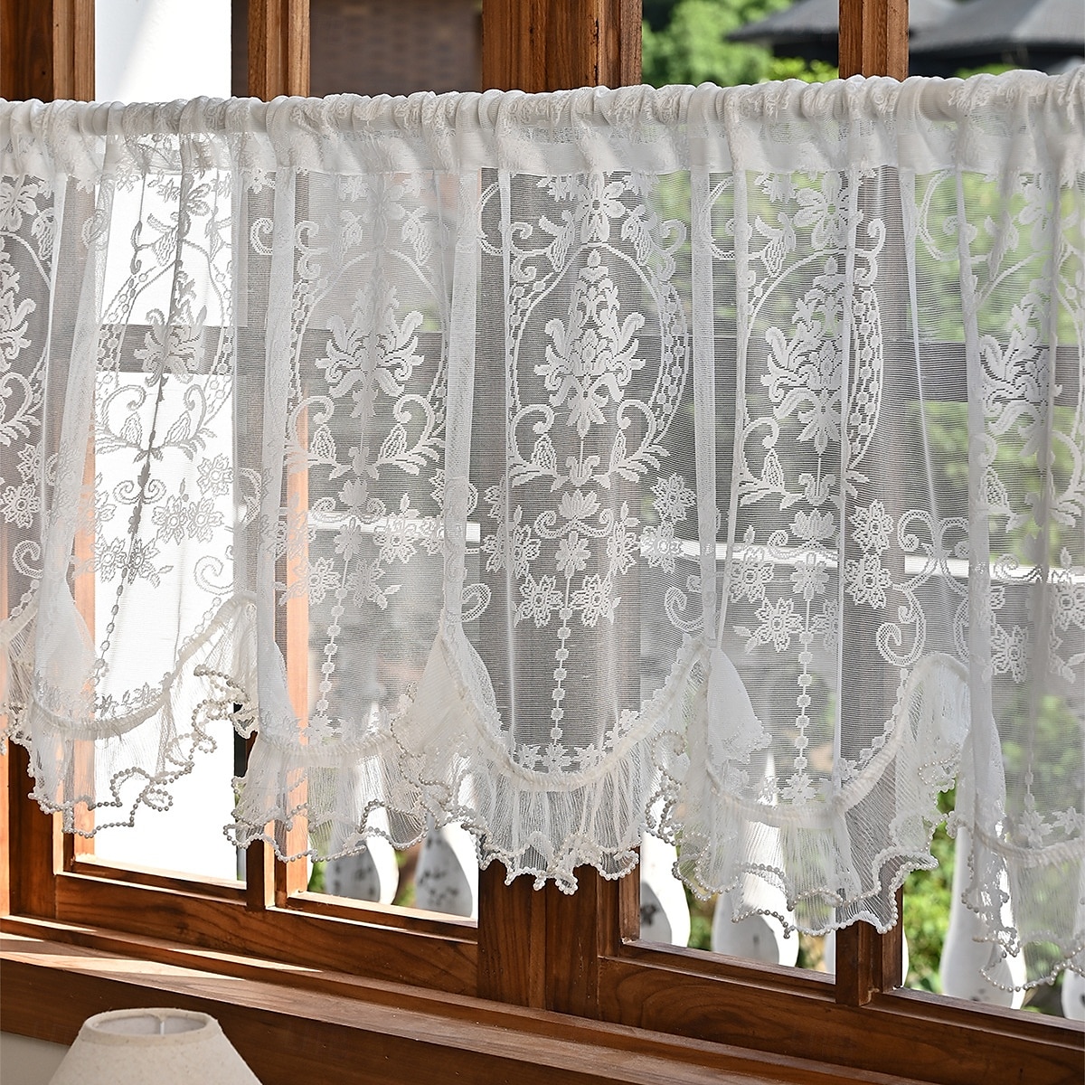 Lace Ruffled Kitchen Short Curtain Valance Vintage Floral Embroidered Short Sheer Cafe Curtain for Kitchen Window Rod Pocket Scalloped Bottom Beaded Sheer Valance1 Panel 2026 - $10.99 –P7